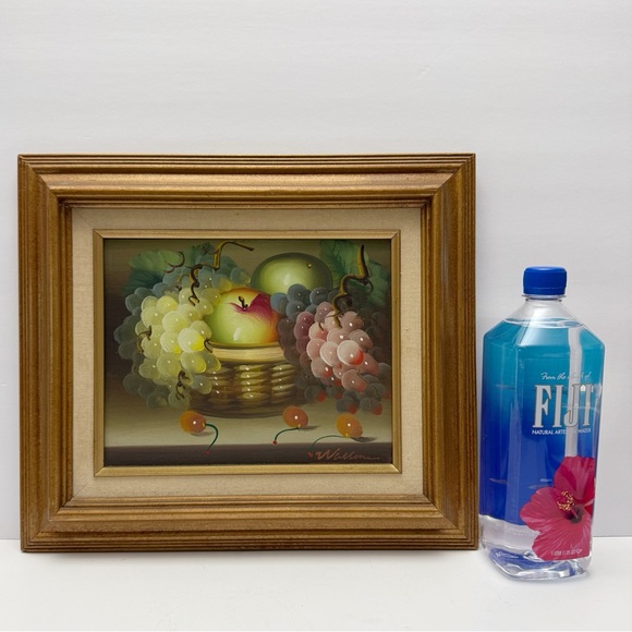 Vintage Original Still Life Basket of Fruit Grapes Painting Framed Signed 8x10 - Picture 2 of 8